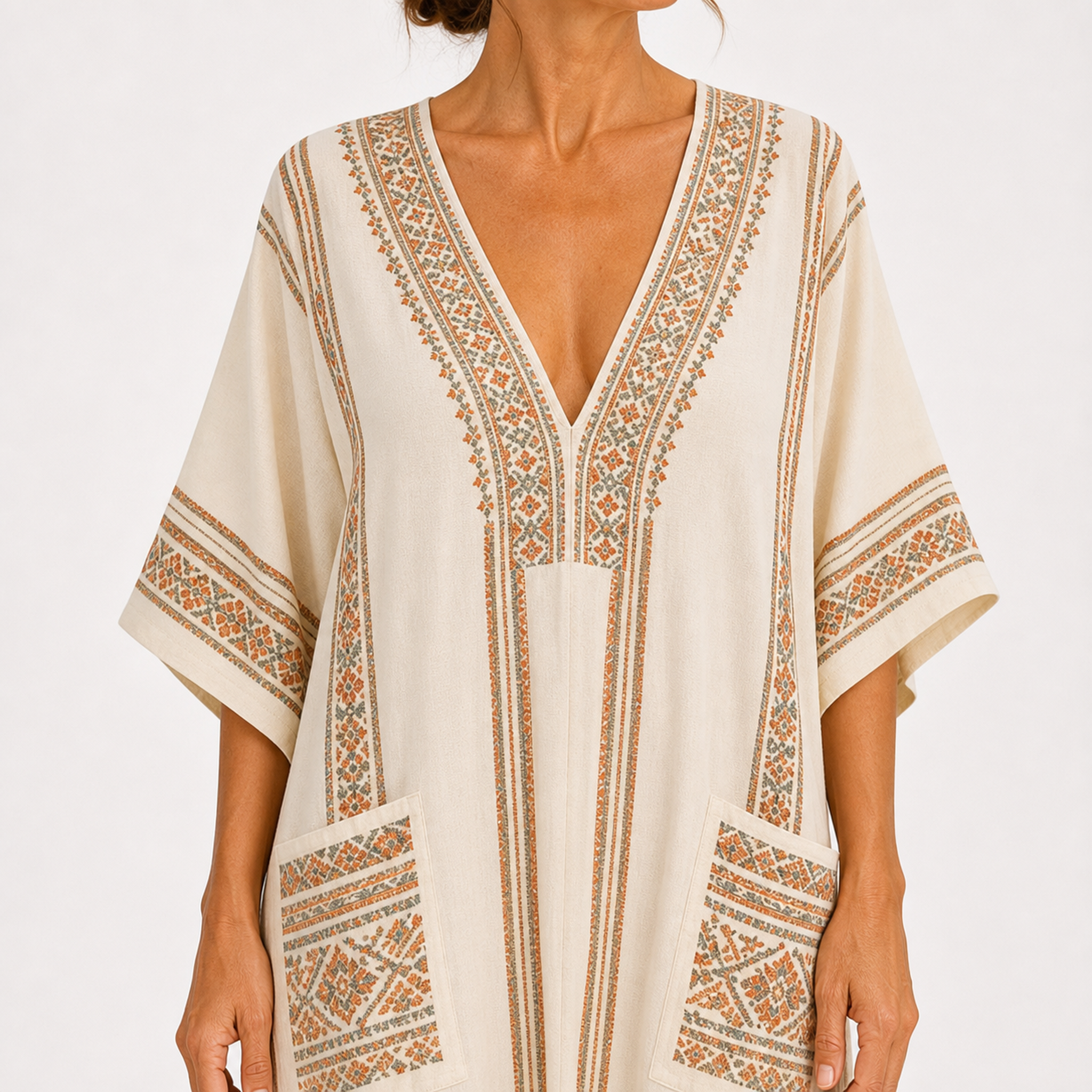 Caftan Dalia Beige à Motif Ethnique — vue 3