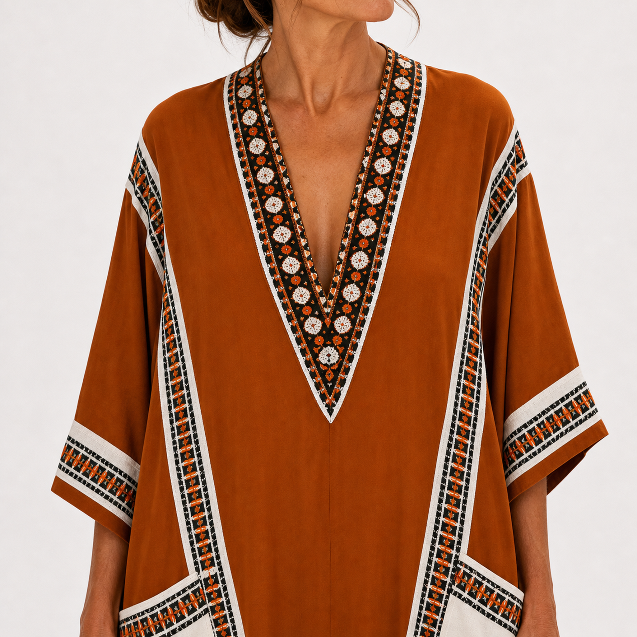 Caftan Nadia Terracotta à Motif Ethnique