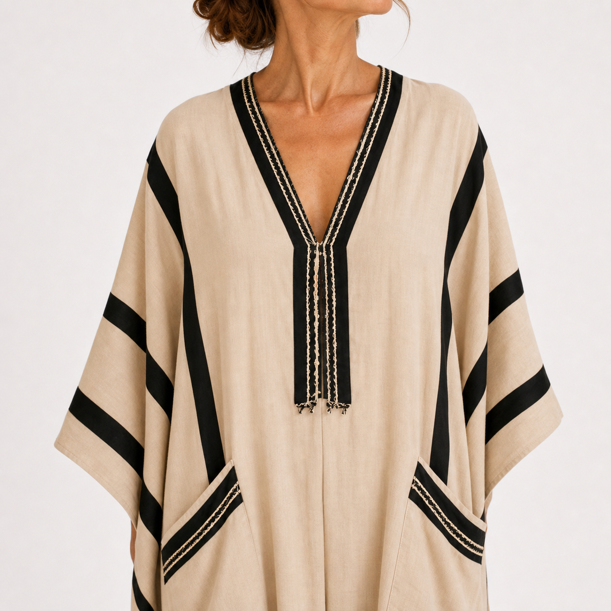 Caftan Salma Beige à Rayures Noires