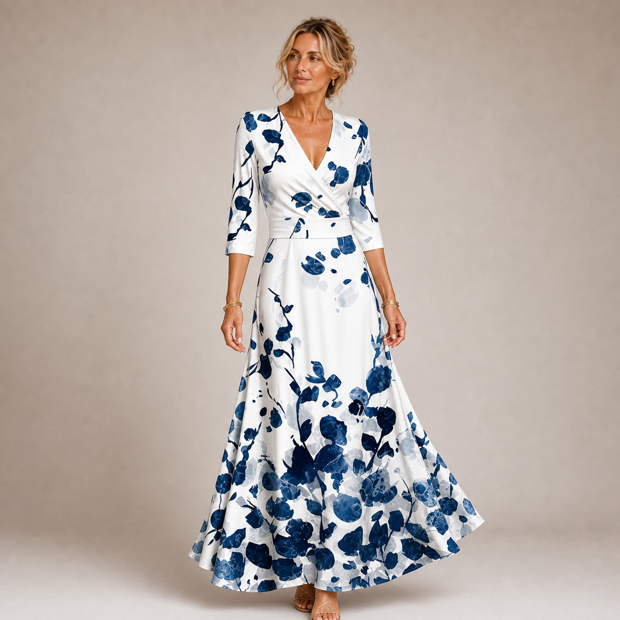 Ainhoa - Robe longue blanche à imprimé floral bleu et col croisé