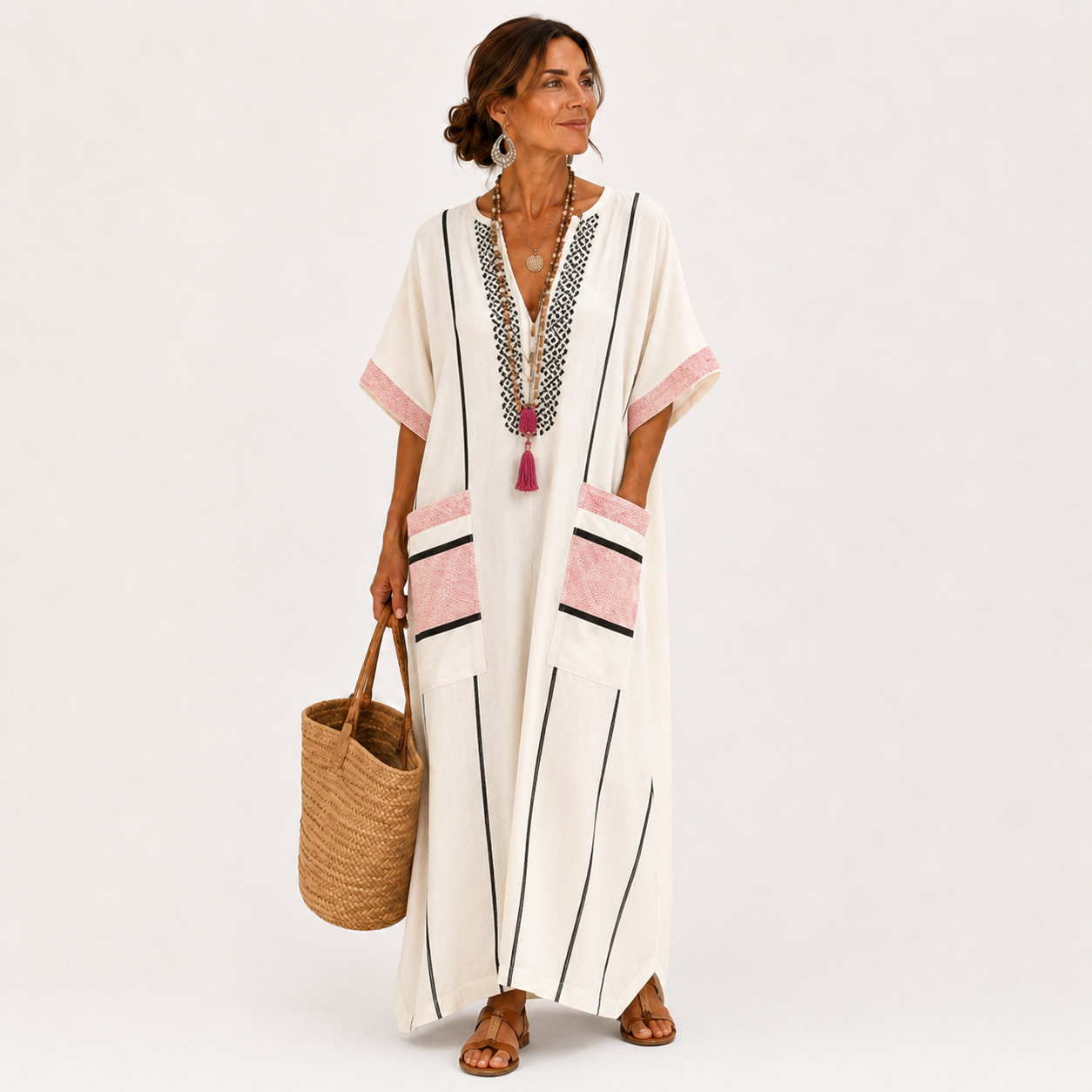 Caftan Adara Écru à Rayures