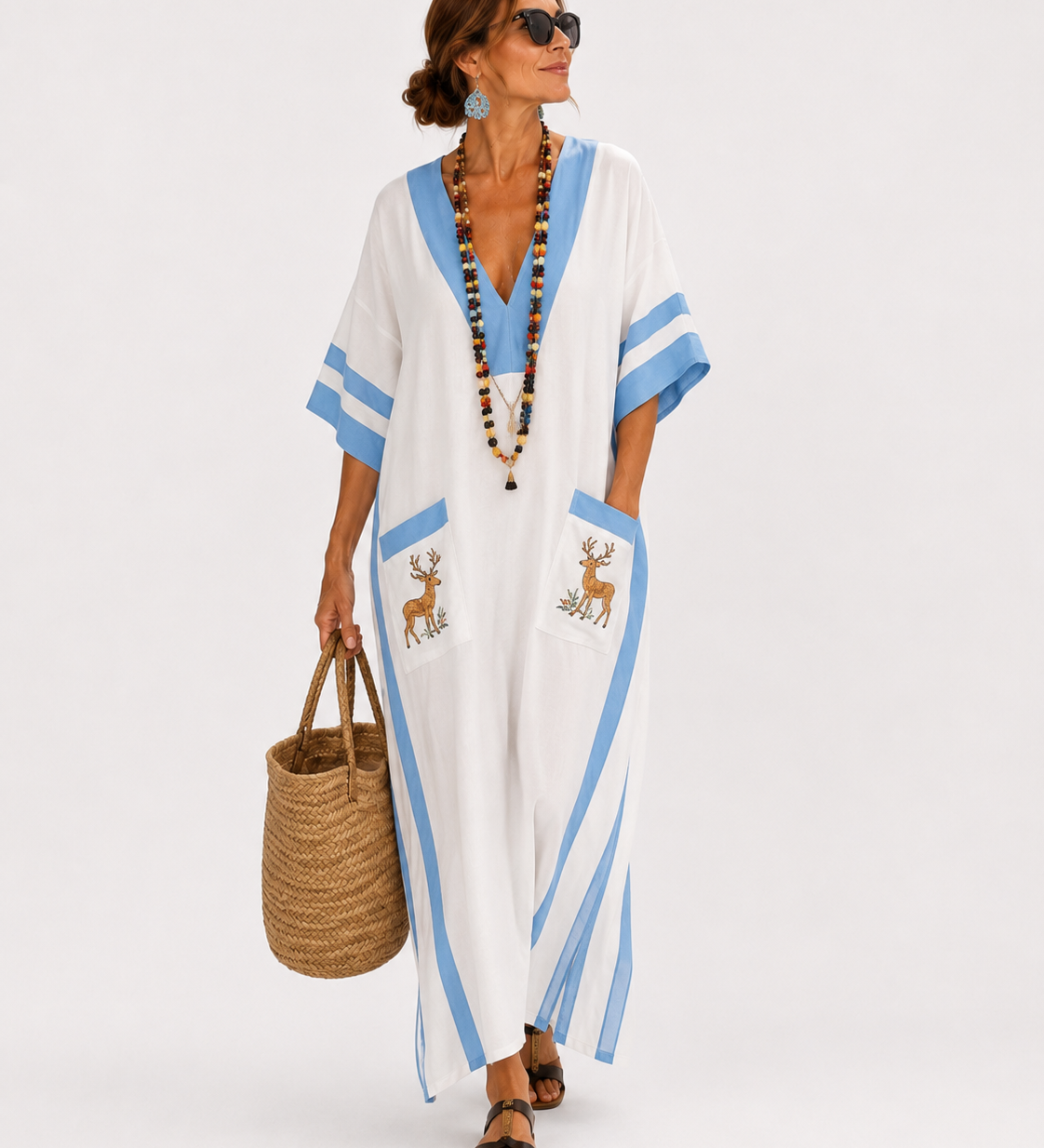Caftan Alba Blanc à Rayures Bleues