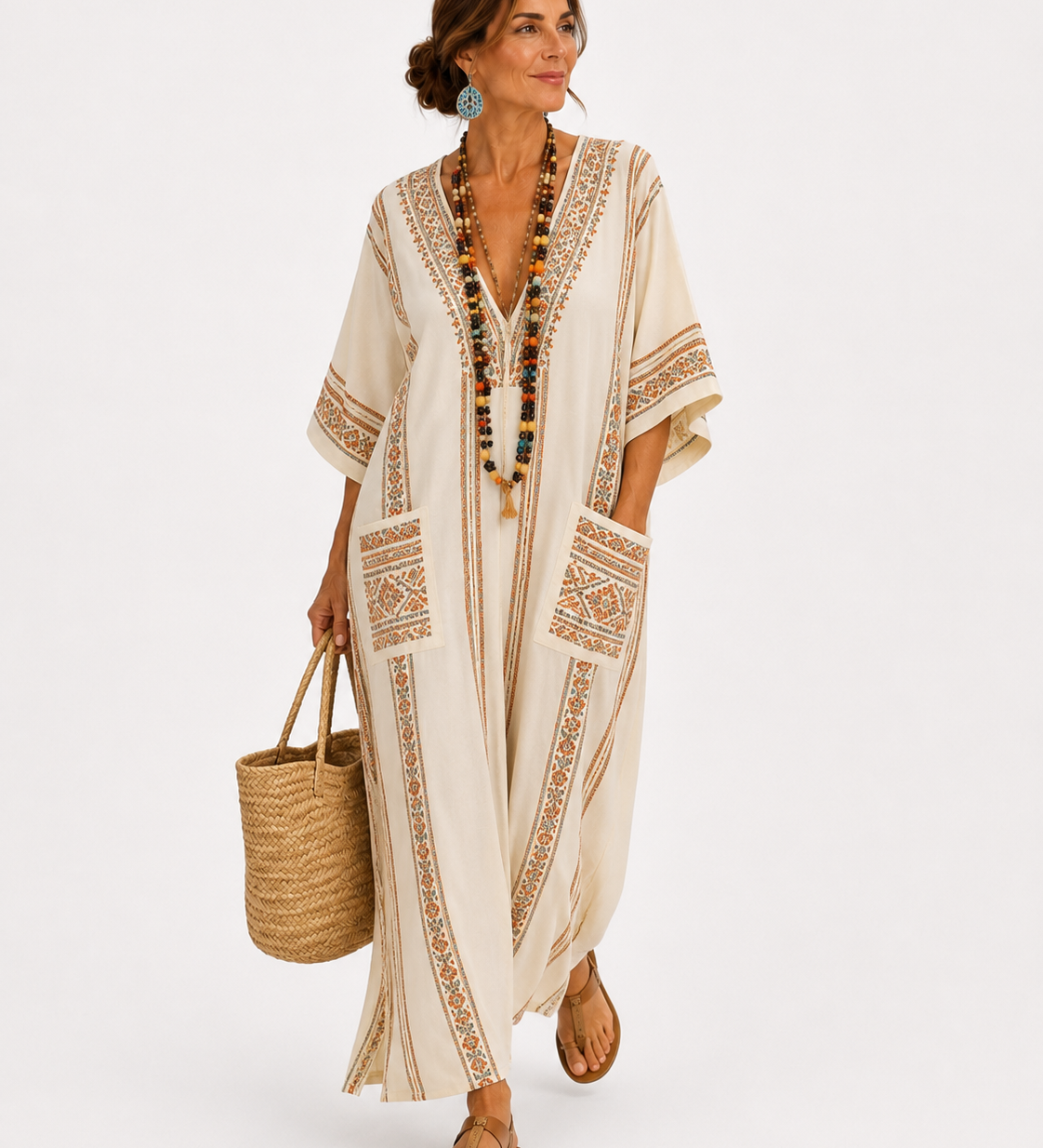 Caftan Dalia Beige à Motif Ethnique