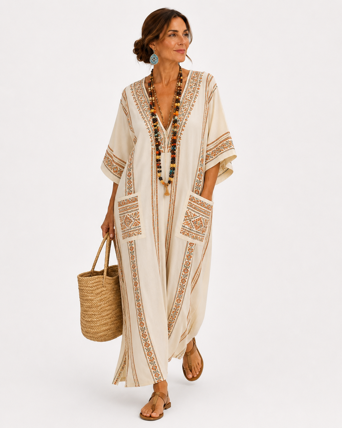 Caftan Dalia Beige à Motif Ethnique