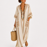Caftan Dalia Beige à Motif Ethnique