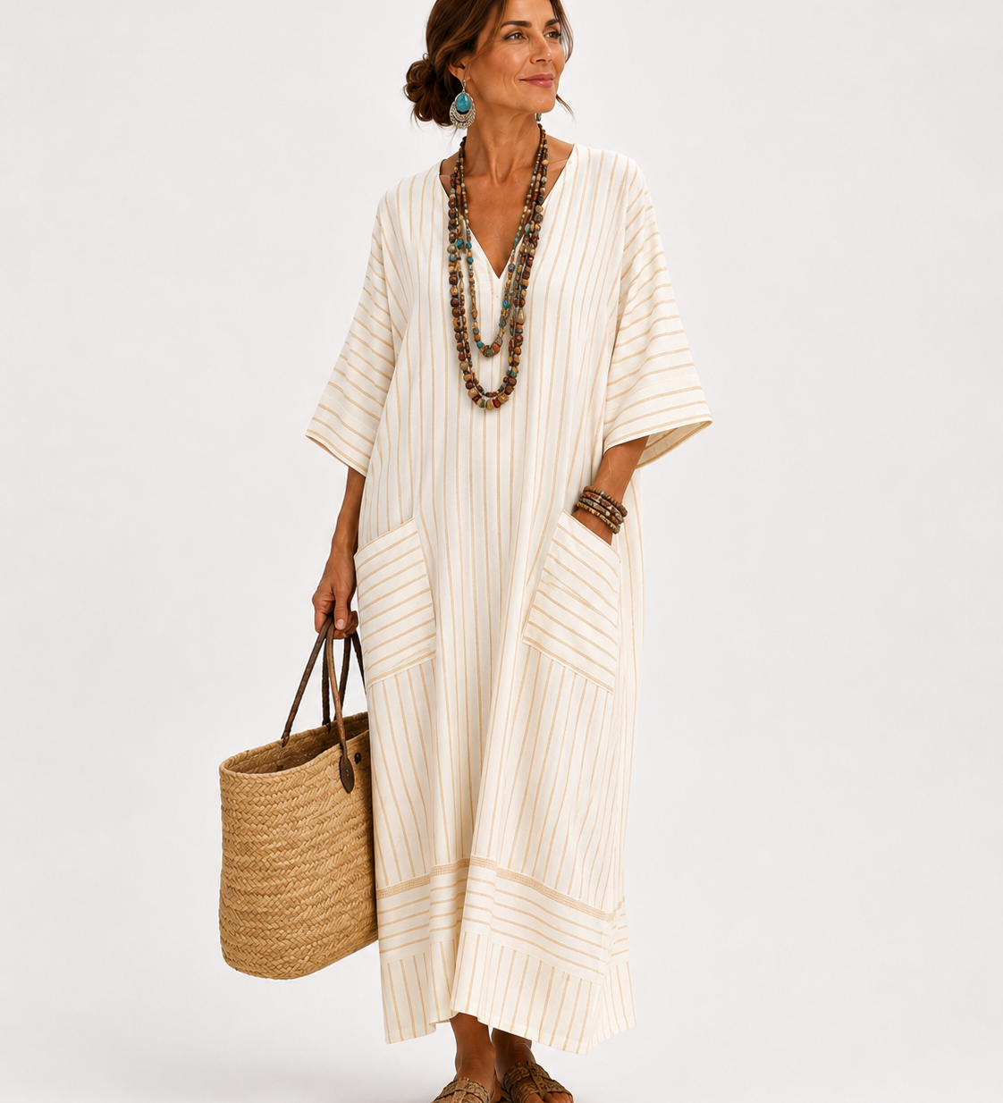 Caftan Farah Beige à Rayures