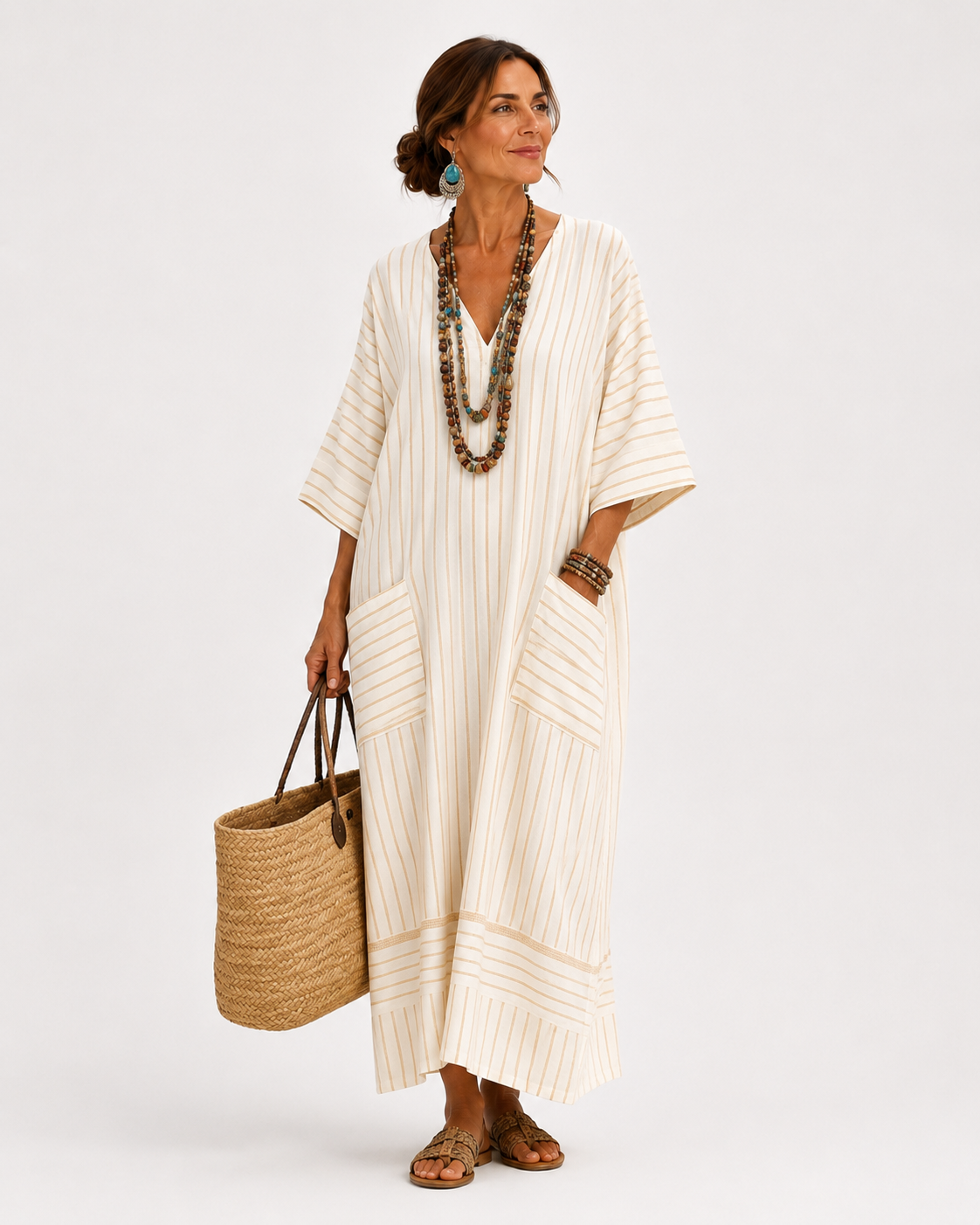 Caftan Farah Beige à Rayures