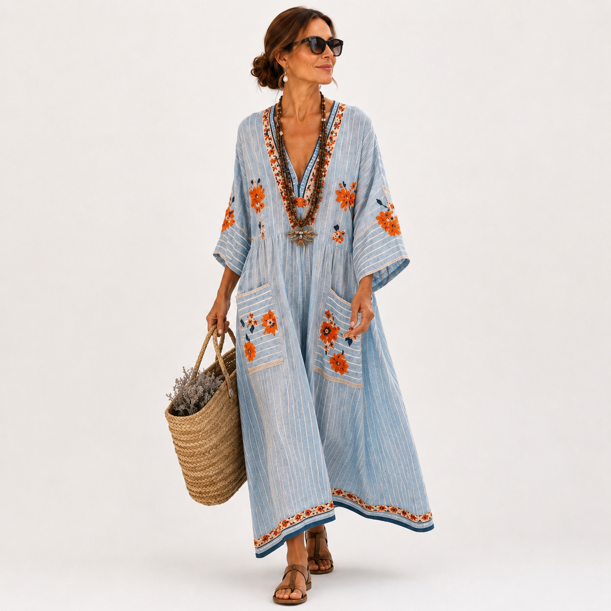 Caftan Marina Bleu à Motifs Floraux