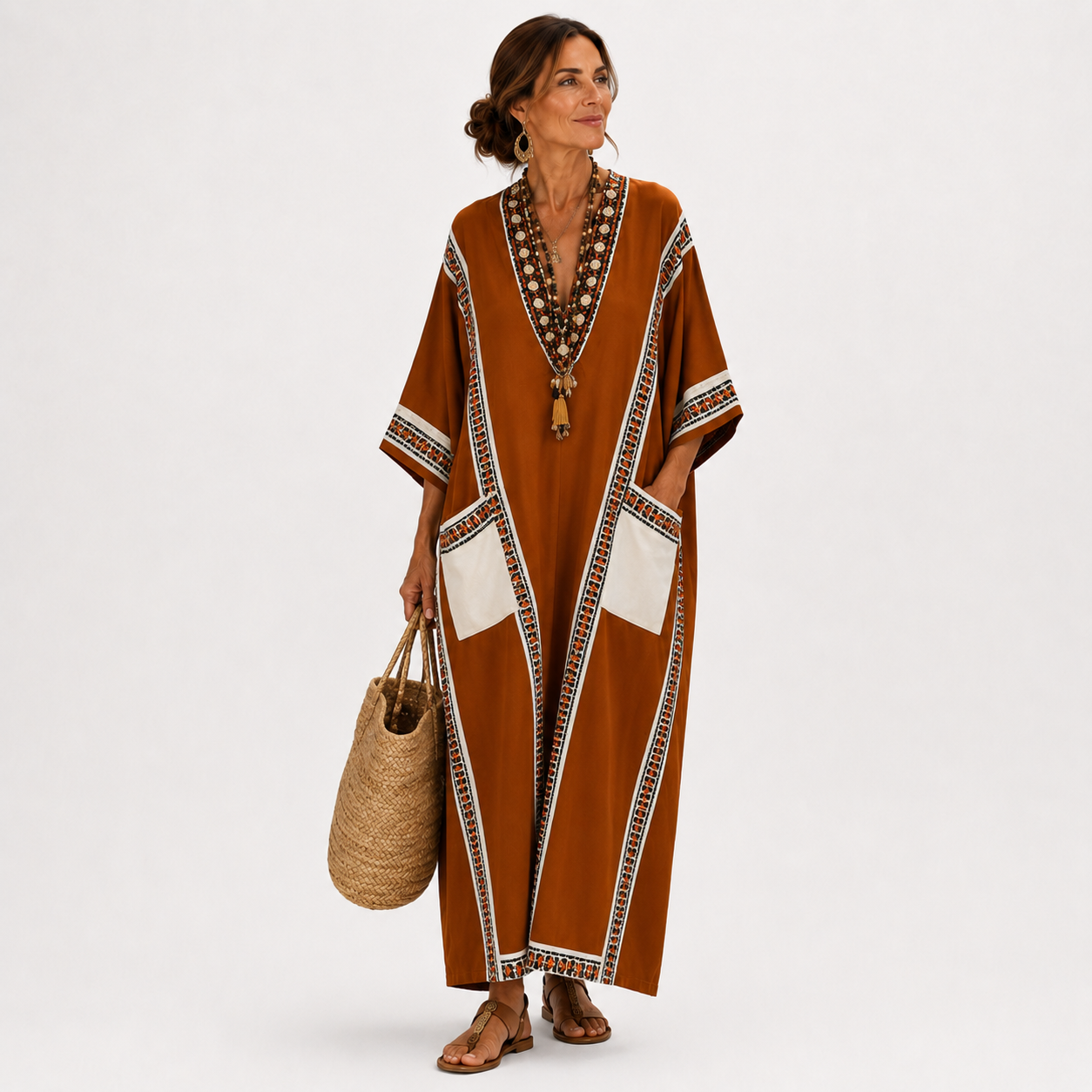 Caftan Nadia Terracotta à Motif Ethnique