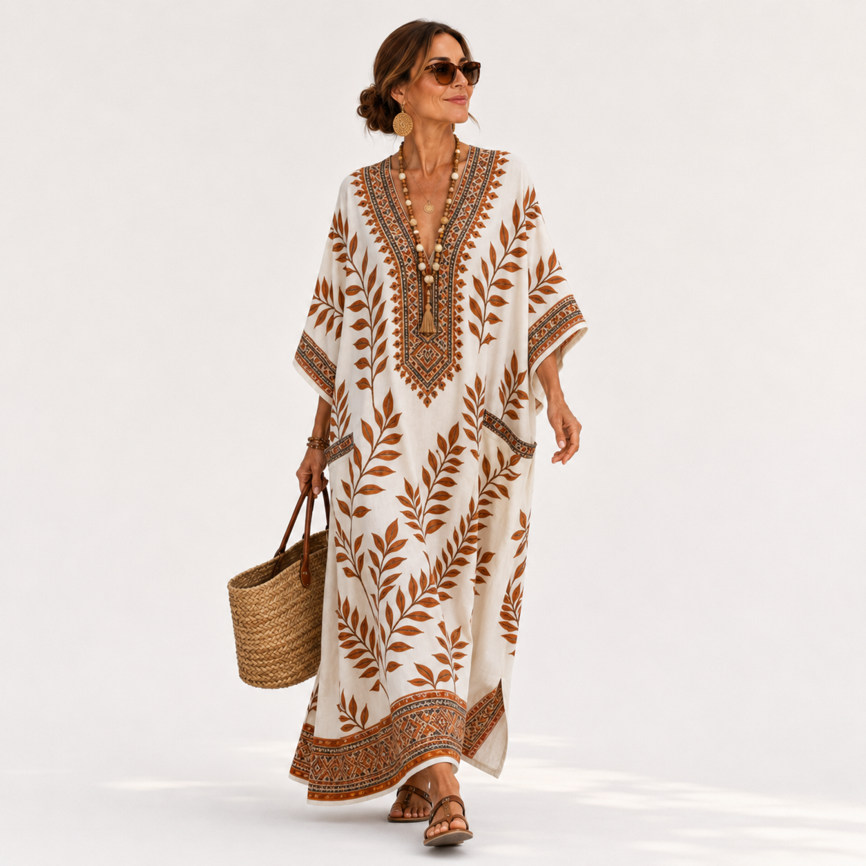Caftan Nora Crème à Motif Botanique