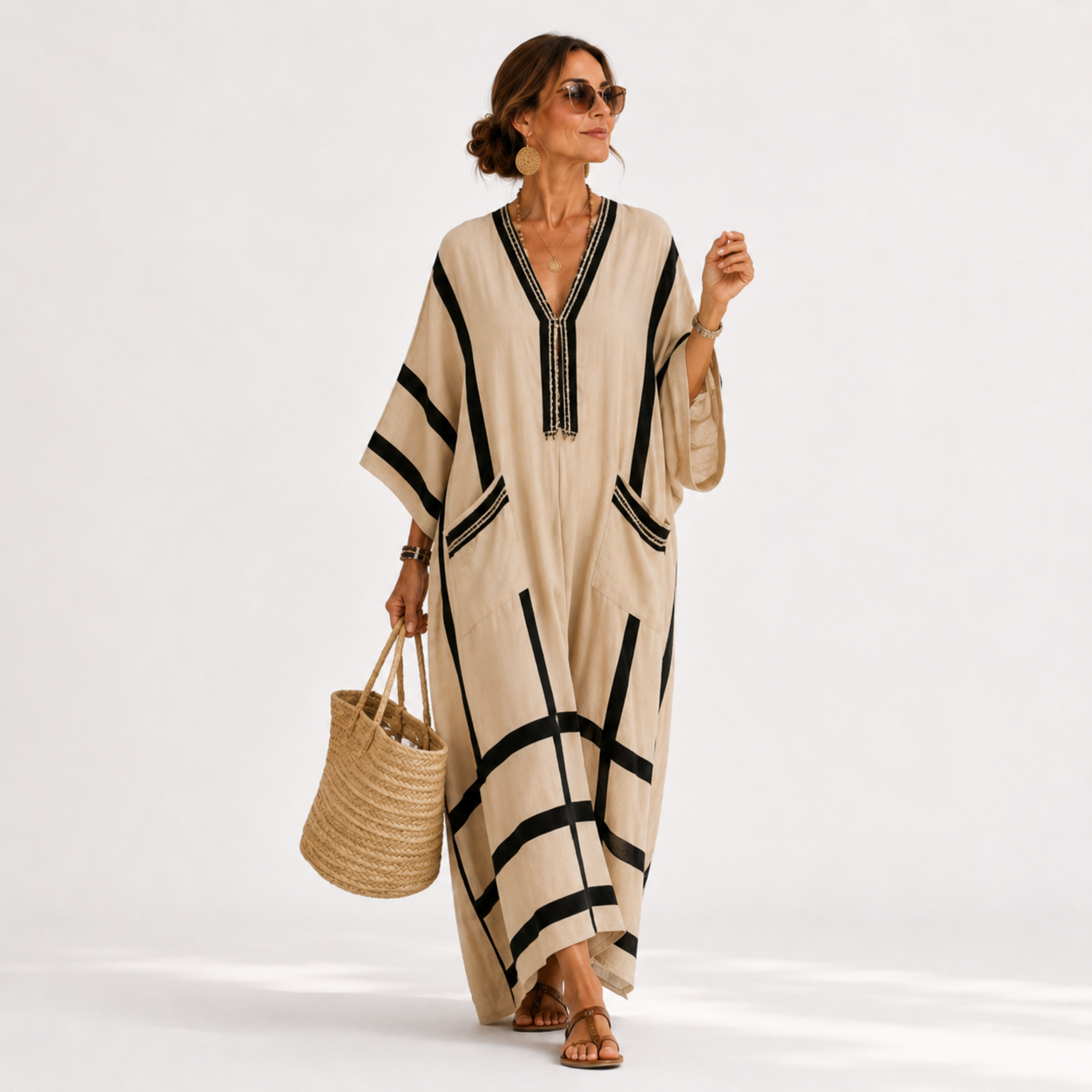 Caftan Salma Beige à Rayures Noires