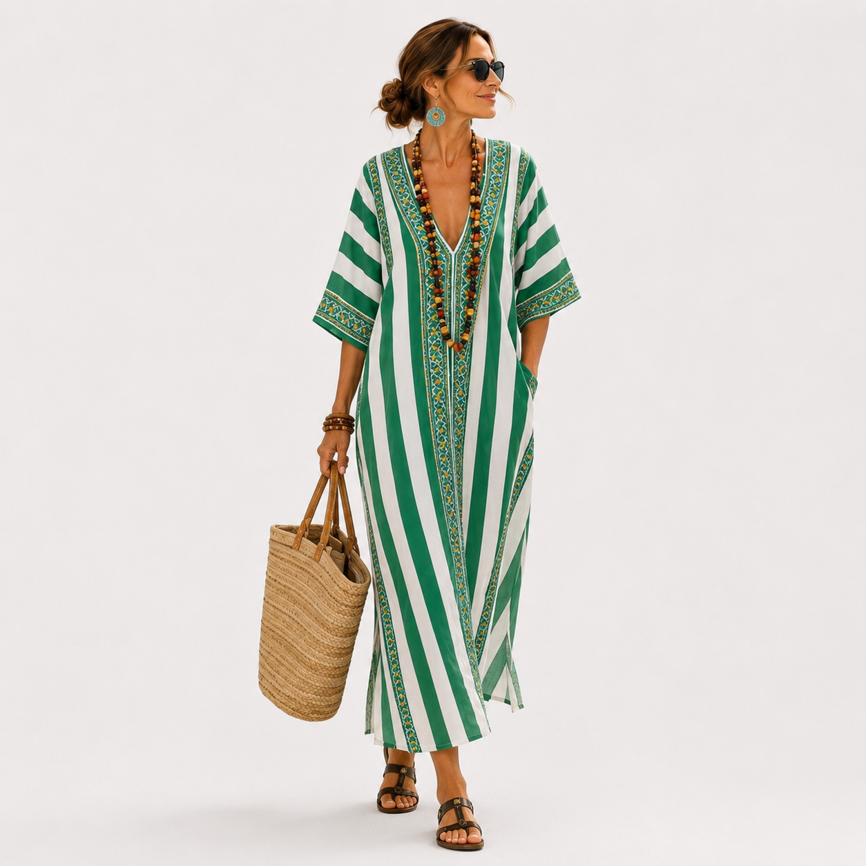 Caftan Zoé Vert à Rayures