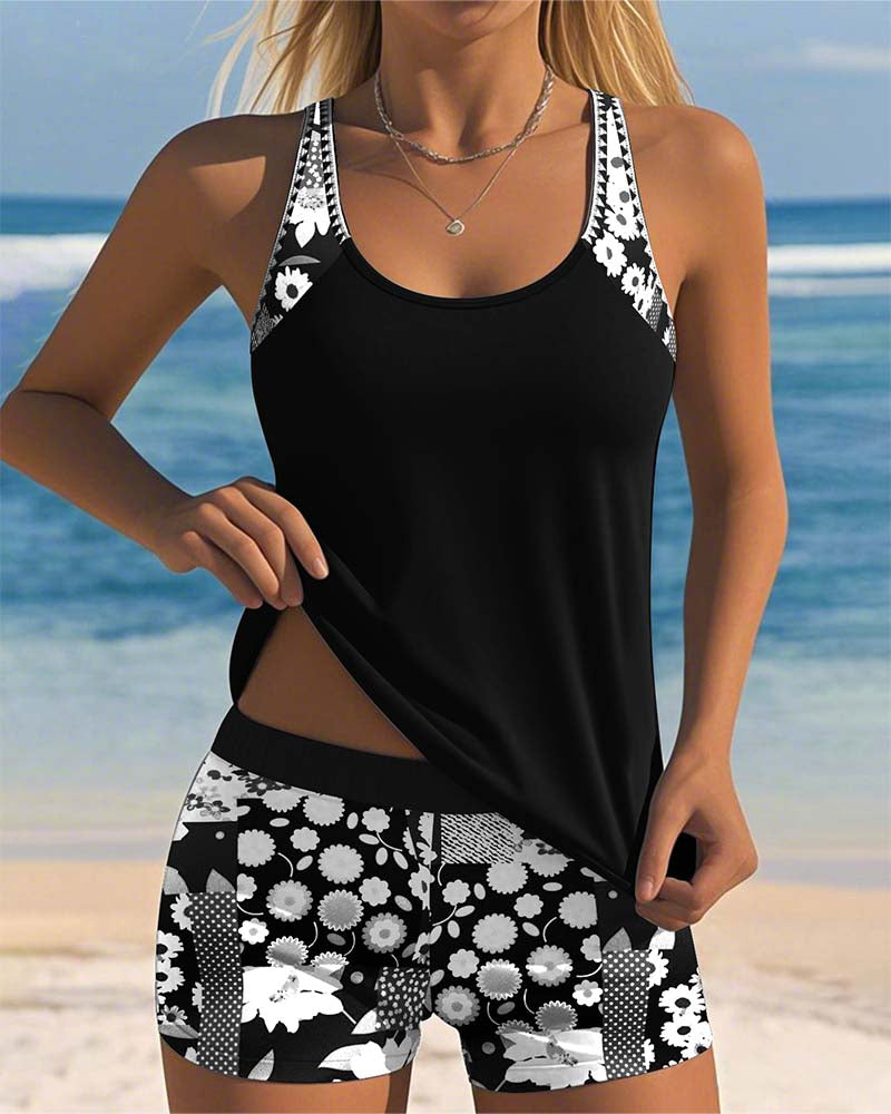 Carla - Tankini deux pièces avec top sans manches et short, imprimé joyeux