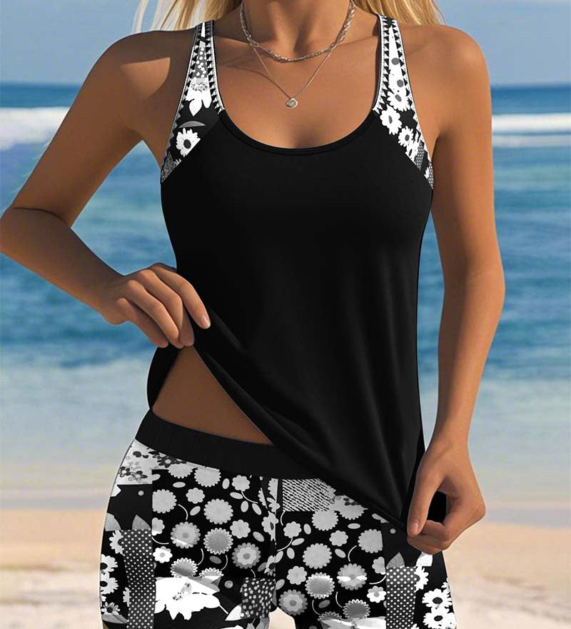Carla - Tankini deux pièces avec top sans manches et short, imprimé joyeux