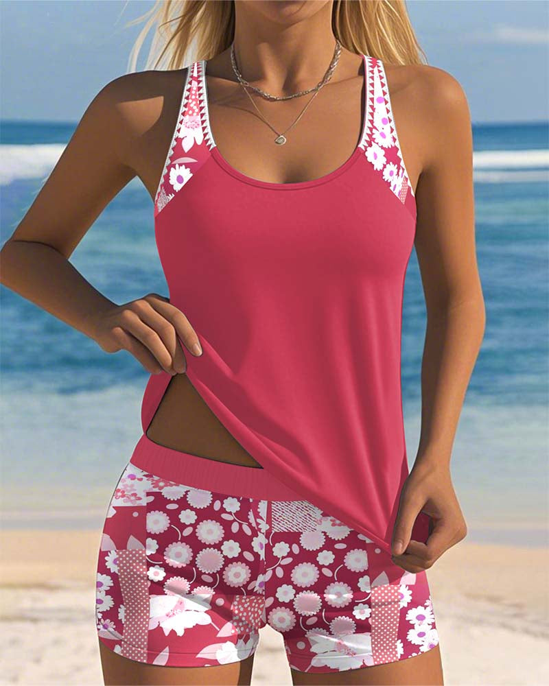 Carla - Tankini deux pièces avec top sans manches et short, imprimé joyeux