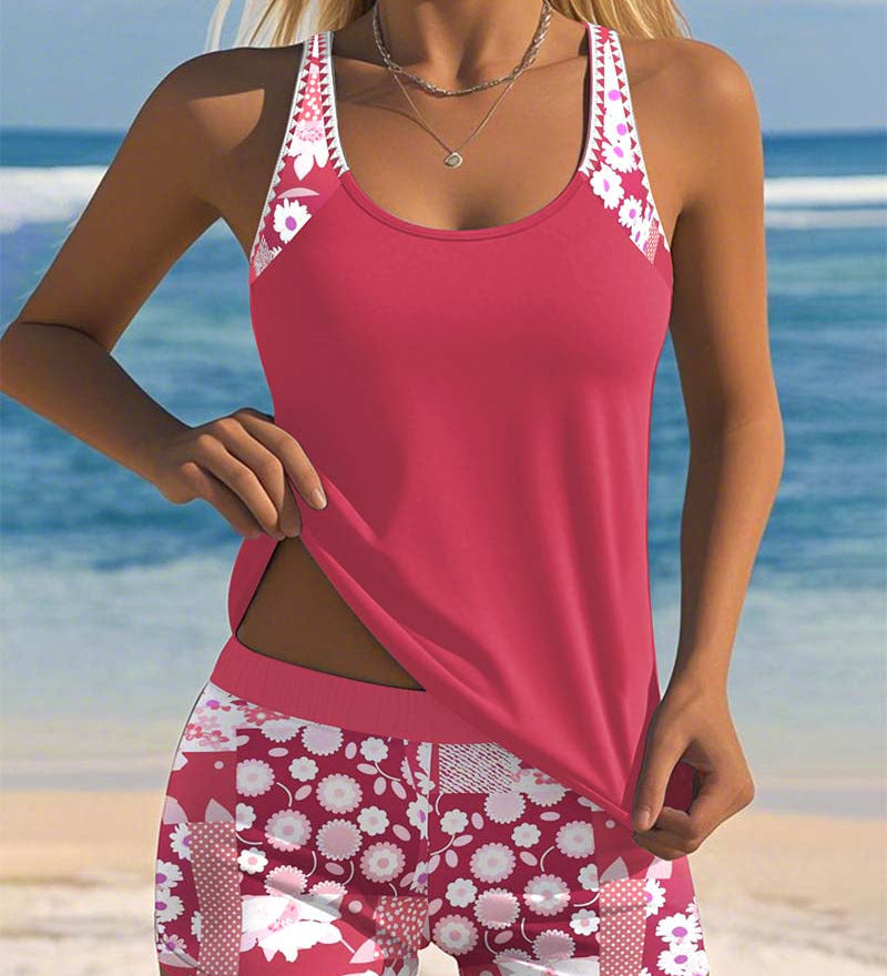 Carla - Tankini deux pièces avec top sans manches et short, imprimé joyeux