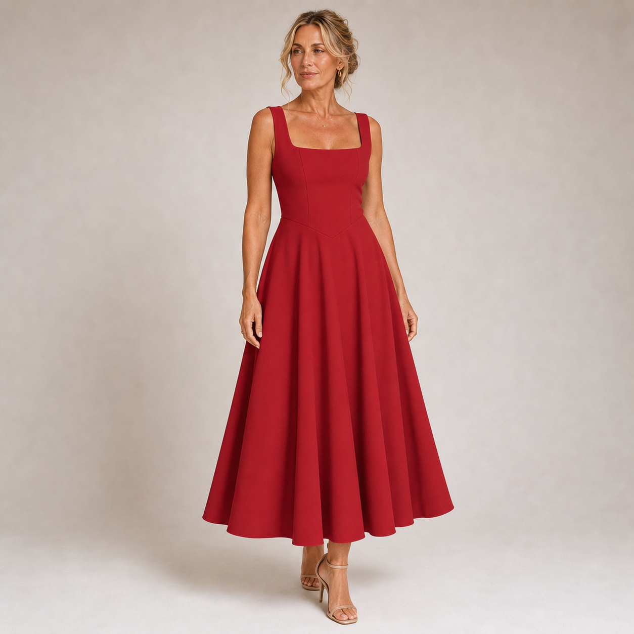 Lia - Robe midi noire à encolure carrée et jupe évasée