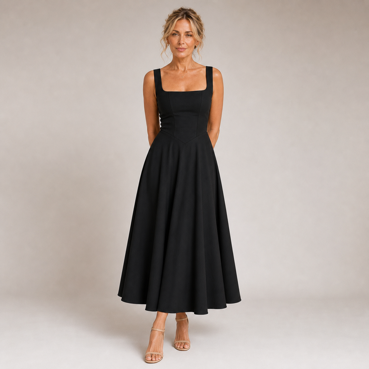 Lia - Robe midi noire à encolure carrée et jupe évasée