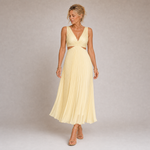 Mireia - Robe longue plissée jaune pastel à col en V et fentes latérales