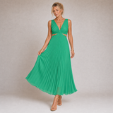 Mireia - Robe longue plissée jaune pastel à col en V et fentes latérales