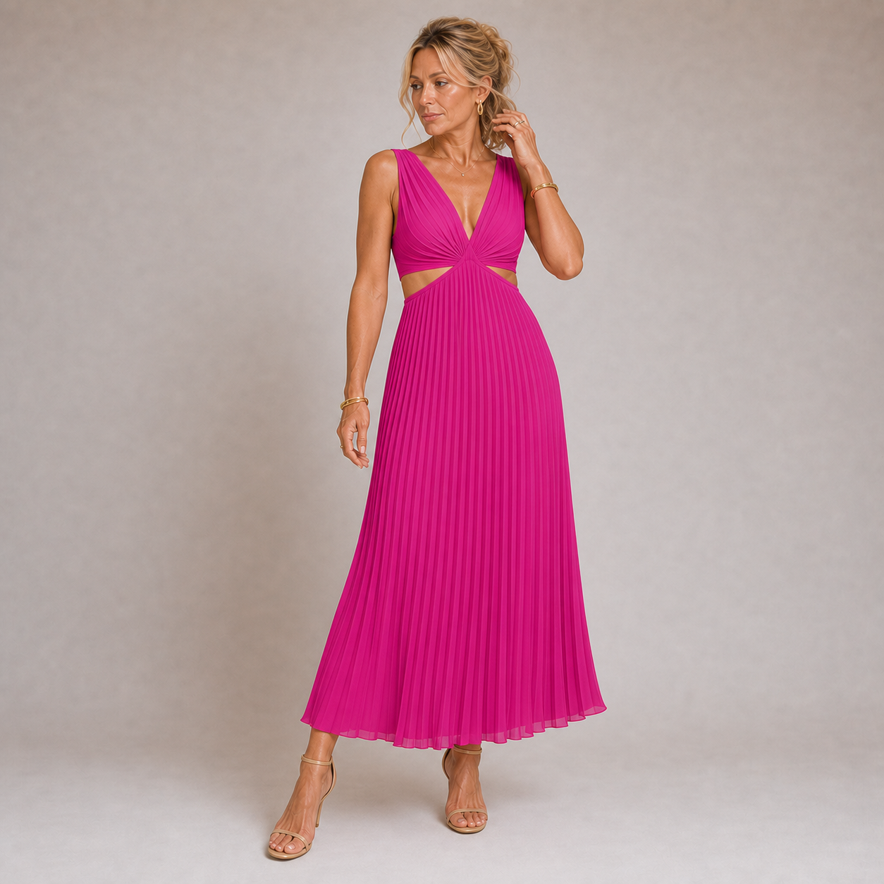 Mireia - Robe longue plissée jaune pastel à col en V et fentes latérales
