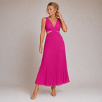 Mireia - Robe longue plissée jaune pastel à col en V et fentes latérales