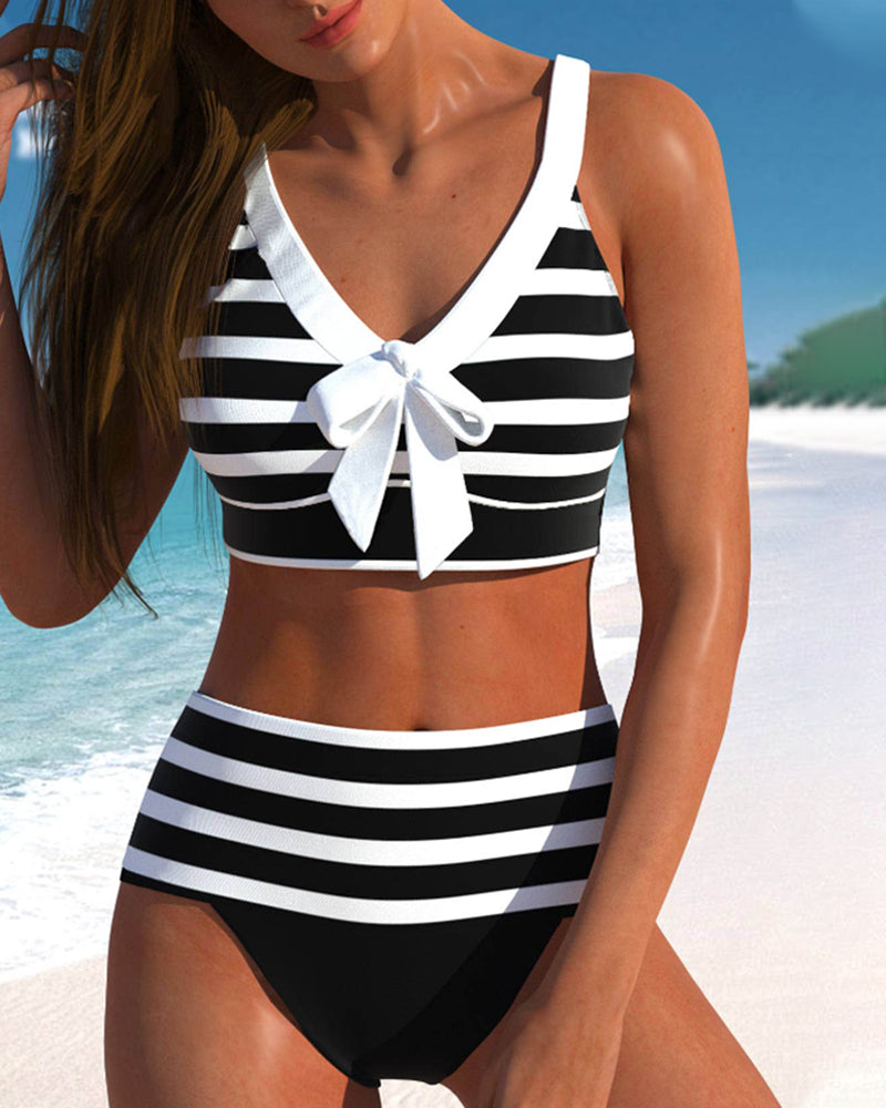 Pilar - Bikini à Rayures Noir et Blanc à Taille Haute