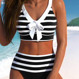 Pilar - Bikini à Rayures Noir et Blanc à Taille Haute
