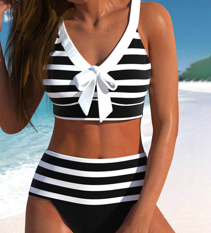 Pilar - Bikini à Rayures Noir et Blanc à Taille Haute