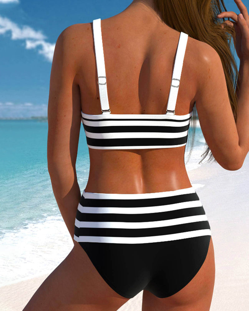Pilar - Bikini à Rayures Noir et Blanc à Taille Haute