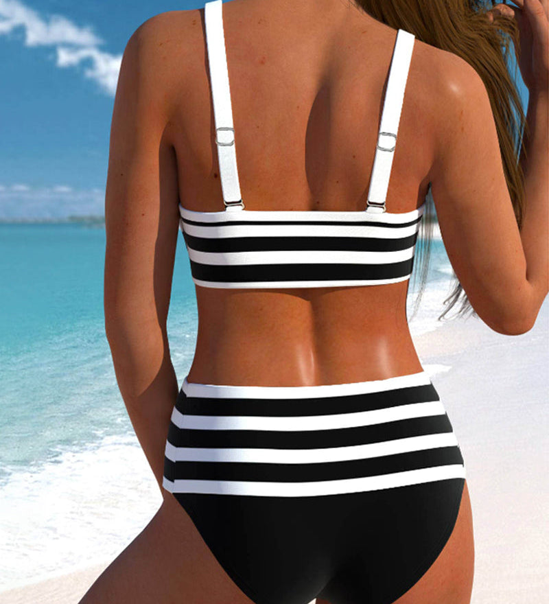 Pilar - Bikini à Rayures Noir et Blanc à Taille Haute