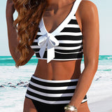 Pilar - Bikini à Rayures Noir et Blanc à Taille Haute