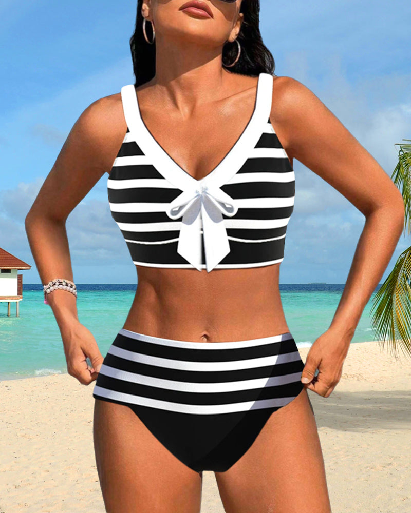 Pilar - Bikini à Rayures Noir et Blanc à Taille Haute