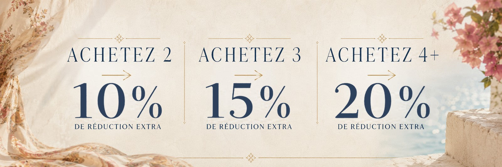 Achetez 2 : 10% de réduction extra · Achetez 3 : 15% · Achetez 4+ : 20%